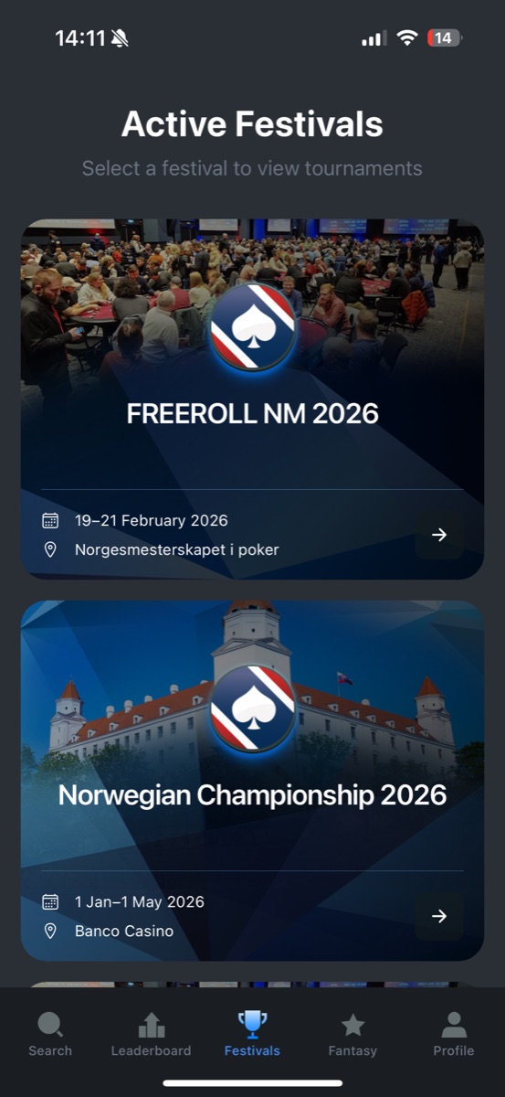 Festival-oversikten i Poker.no-appen